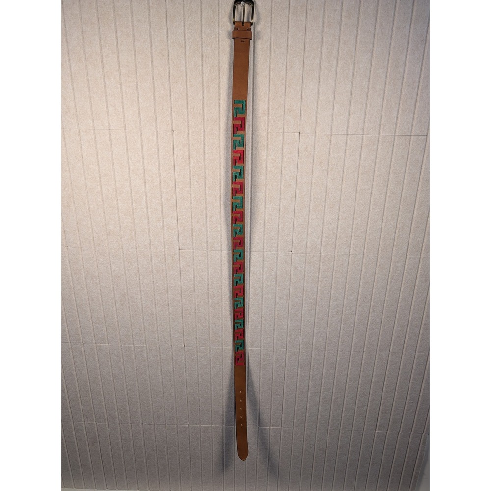 J.McLaughlin Caerus Leather Belt Mens 40 Chestnut Greek Key Deboss New
